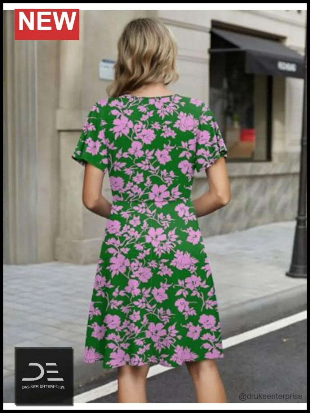 Wrap V Neck A-Line Ruffle Sleeve Sundress with Pockets Floral Print Knee-Length